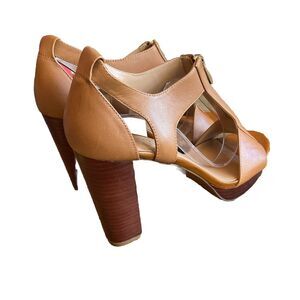 Franco Sarto Sz8.5M Myriad Women Brown Tan Leather Front Zip Block Sandals Heels